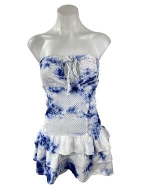 Cotton Natural Blue Tie Dye Smocked Strapless Ruffle Tiered Mini Dress Size S
